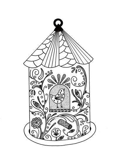Whimsical Bird House Adult Coloring Page