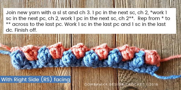 Image shows the third row for crocheting the popcorn stitch with overlay text explaining the step.