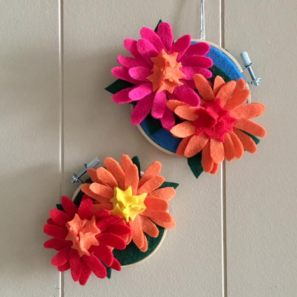 Zinnia Felt Flower Embroidery Hoop Art