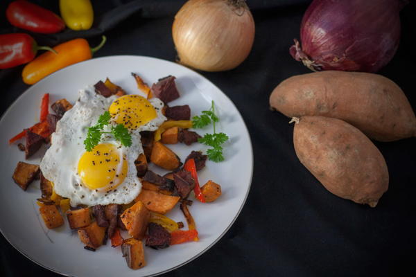 Corned Venison Hash Eggs with Sweet Potato Corned Venison Hash & Eggs with Sweet Potato