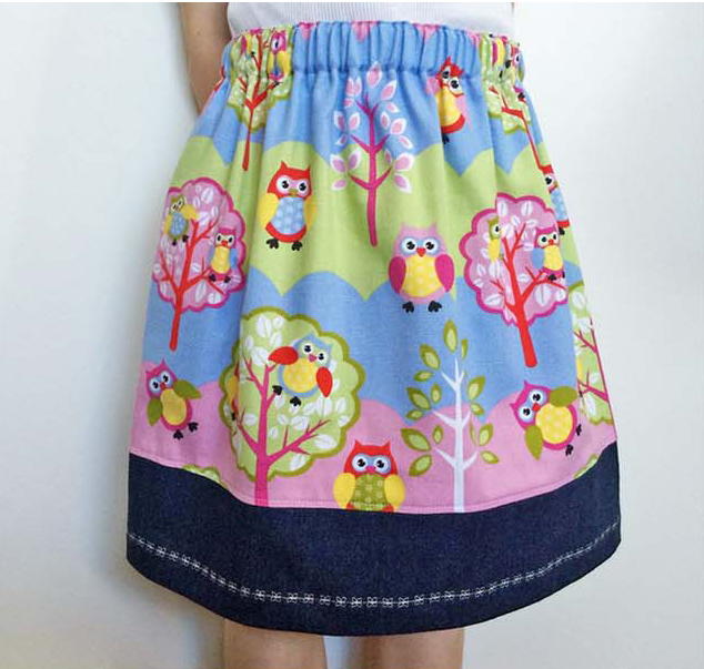 Simple Gathered Skirt with Embroidered Denim Band Simple Gathered Skirt with Embroidered Denim Band