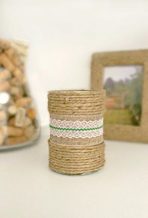 Decorated Candles with Burlap Ribbon and Twine