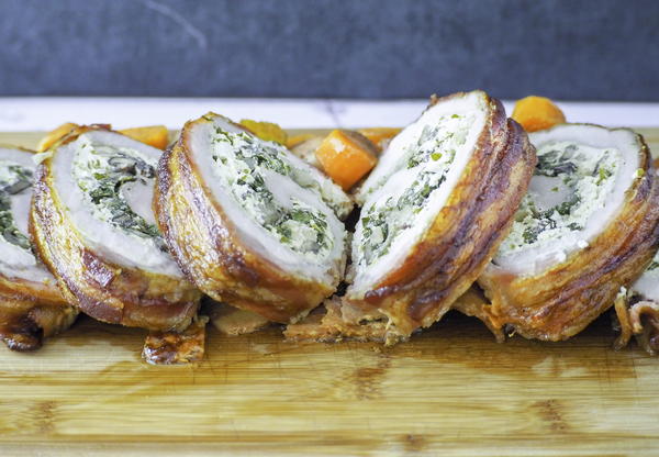 Bacon Wrapped Pork Loin with Herbed Goat Cheese Spinach Mushrooms Bacon Wrapped Pork Loin with Herbed Goat Cheese, Spinach, & Mushrooms