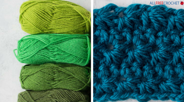 Image shows skeins of yarn on the left and a crochet swatch on the right.