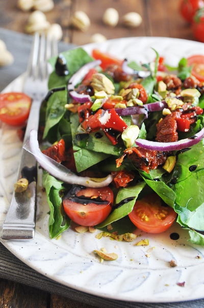 Spinach Salad with Pistachios and Sun Dried Tomatoes
