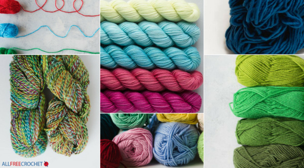 Image shows a collage of different yarn types. Skeins, hanks, and balls are included with various colors of yarn.
