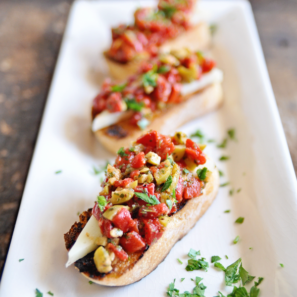 Bruschetta with Roasted Peppers and Spanish Olives Bruschetta with Roasted Peppers and Spanish Olives