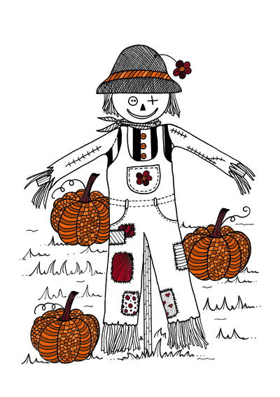 Scarecrow in Pumpkin Field Adult Coloring Page