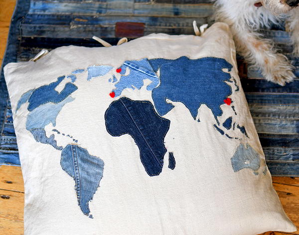 Repurposed Denim World Map Floor Cushion Repurposed Denim World Map Floor Cushion