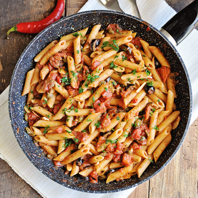 Spicy Penne Pasta with Anchovies, Capers & Black Spanish Olives
