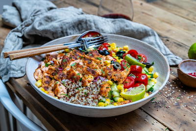 Grilled Salmon Bowl With Vegetables and Quinoa