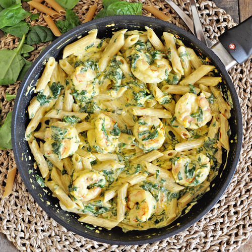 Creamy Saffron Pasta with Shrimp & Spinach Creamy Saffron Pasta with Shrimp & Spinach