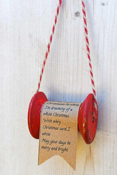Unique Wooden Cotton Spool and Christmas Song Ornament Unique Wooden Cotton Spool and Christmas Song Ornament