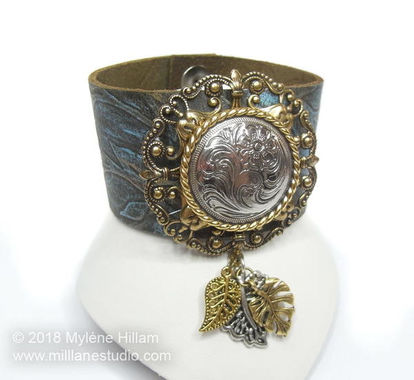 Embossed Leather Cuff with Concho Detail Embossed Leather Cuff with Concho Detail