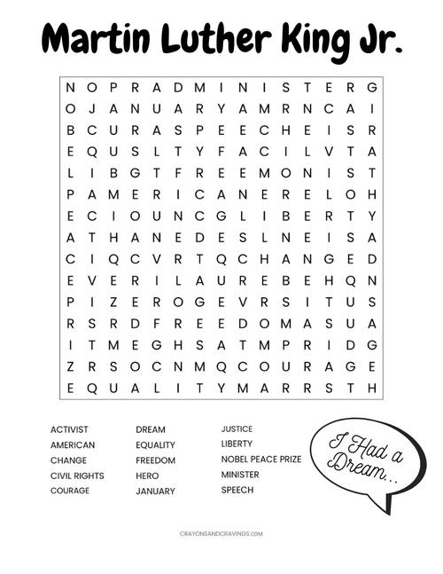Printable Martin Luther King Jr Word Search Printable Martin Luther King Jr. Word Search