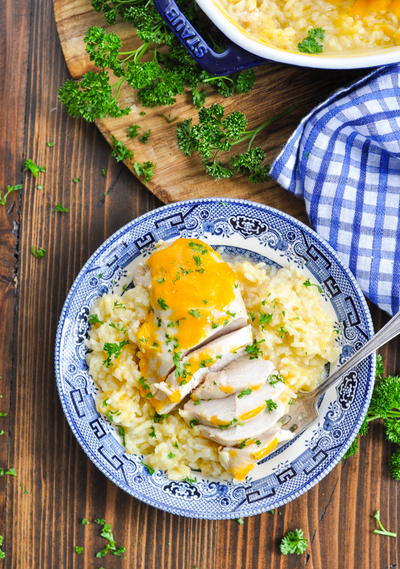 Dump-and-Bake Cheesy Chicken and Rice Bake