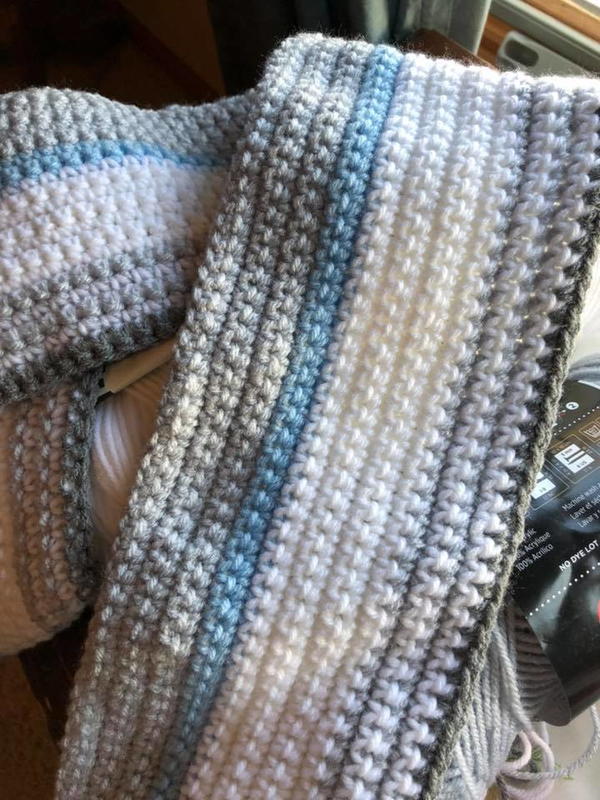 Image shows the Blue and Grey Temperature Blanket.