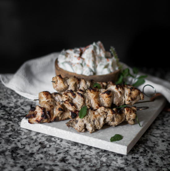 Tikka Chicken Skewers with a Cucumber Raita Tikka Chicken Skewers with a Cucumber Raita