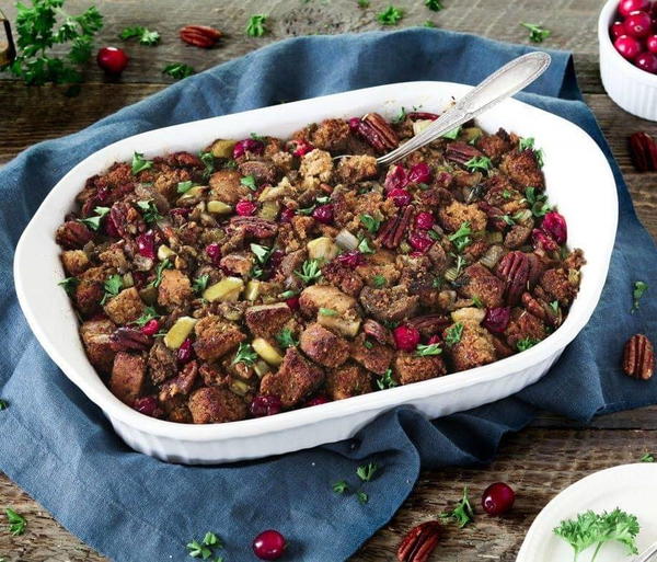Vegan Cornbread Stuffing with Pecans Cranberries Sausage Vegan Cornbread Stuffing with Pecans Cranberries Sausage