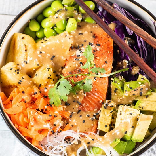 Grilled Salmon Bowl With Miso-Ginger Dressing