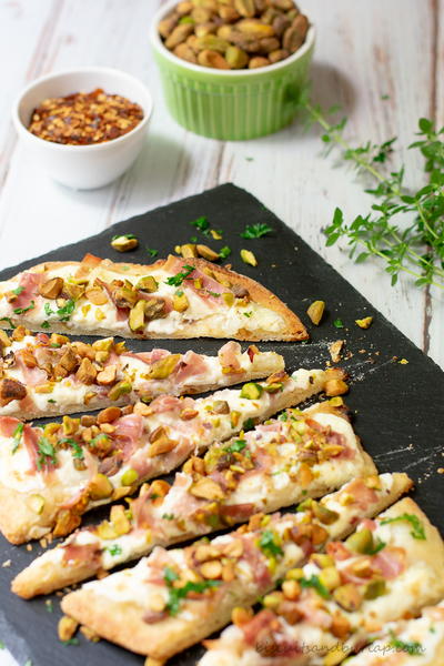 Flatbread Appetizers with Burrata, Pistachios & Proscuitto