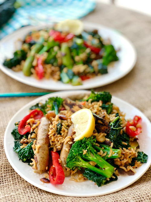One Pan Curried Wild Rice Red Quinoa with Sausage and Cavolo Nero One Pan Curried Wild Rice Red Quinoa with Sausage and Cavolo Nero