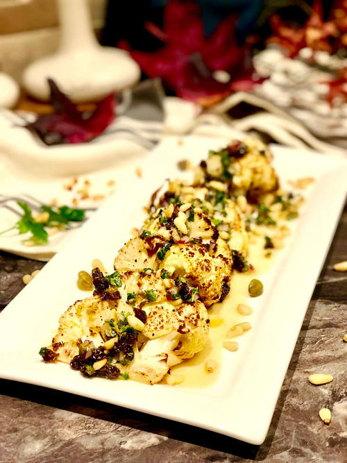 Seriously Good Chunky Roasted Cauliflower with Capers and Raisins Dressing
