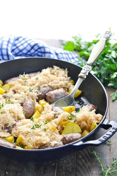 Dump and Bake Bratwurst with Potatoes and Sauerkraut