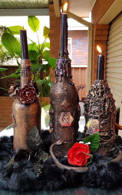 Mixed Media Halloween Wine Bottles Mixed Media Halloween Wine Bottles