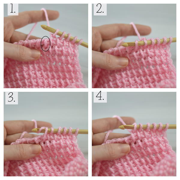Image shows four squares showing the process of how to make the Tunisian simple stitch.