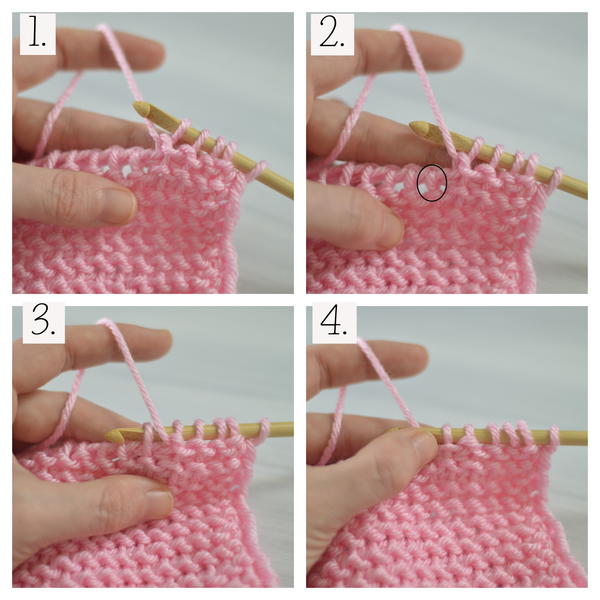 Image shows four squares showing the process of how to make the Tunisian purl stitch.