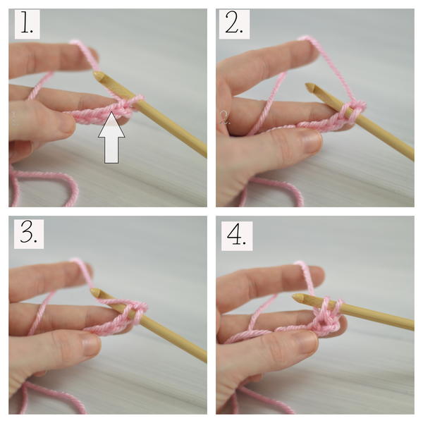 Image shows four squares showing the process of how to Tunisian crochet.