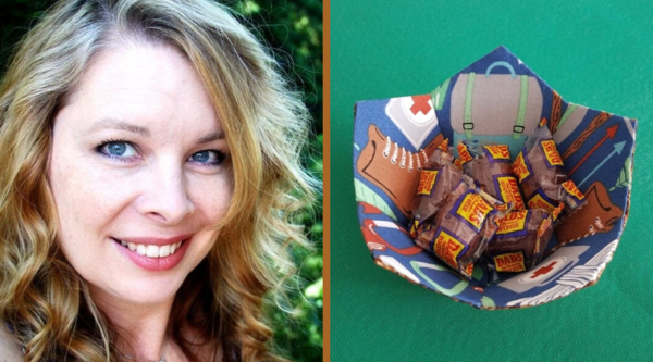 Image shows Staci on the left and the Fabric Pentagon Bowl on the right.