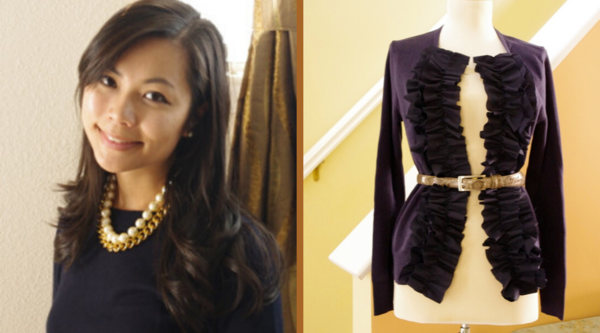 Image shows Sheila on the left and the LOFT-Inspired Ruffle Front Cardigan on the right.