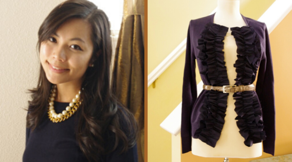 Image shows Sheila on the left and the LOFT-Inspired Ruffle Front Cardigan on the right. Image shows Sheila on the left and the LOFT-Inspired Ruffle Front Cardigan on the right.