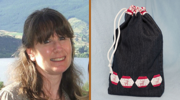 Image shows Pam on the left and the Denim Jeans Drawstring Bag on the right. Image shows Pam on the left and the Denim Jeans Drawstring Bag on the right.