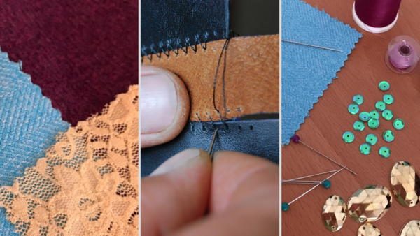Image shows three pictures. Fabric on the left, hand sewing material in the center, and a variety of sewing notions on the right.