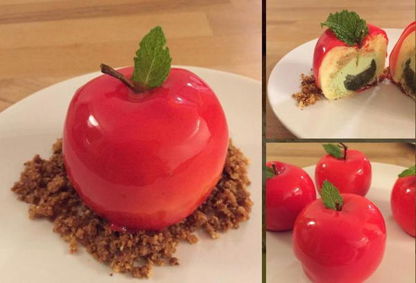 Mirror Glaze Apple Shaped Dessert On Crumble Mirror Glaze Apple Shaped Dessert On Crumble