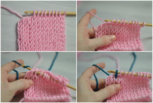 Image shows four panels stacked with the four steps in changing color in the middle of a row in Tunisian crochet.