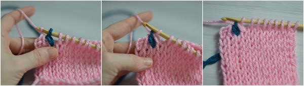 Image shows three panels with the last three steps in changing color during the return pass in Tunisian crochet.