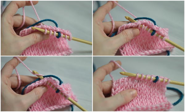 Image shows four panels stacked with the four next steps for carrying colors in Tunisian crochet.