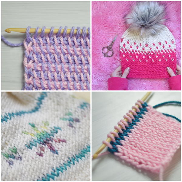 Image shows four examples of colorwork in Tunisian crochet.