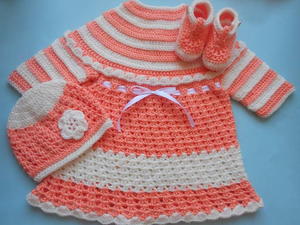Baby Dress with Hat, Booties and Mittens