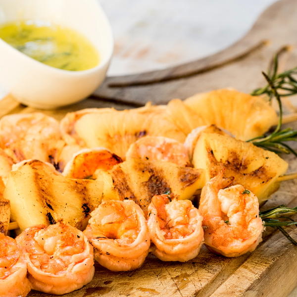 Shrimp On Rosemary Skewers With Rum-soaked Pineapple Shrimp On Rosemary Skewers With Rum-soaked Pineapple