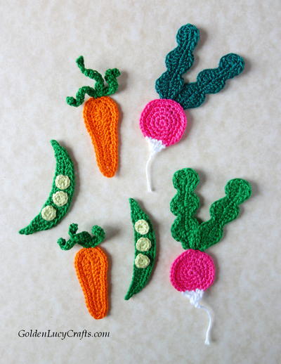 Crochet Radish, Carrot And Pea Appliques