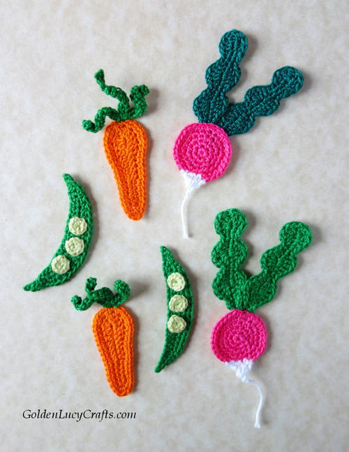 Crochet Radish Carrot And Pea Appliques Crochet Radish, Carrot And Pea Appliques