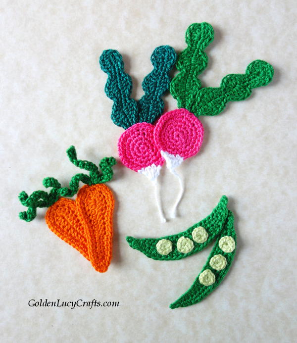Crochet Radish Carrot And Pea Appliques Crochet Radish, Carrot And Pea Appliques
