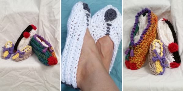 Three images side-by-side showing the quick crochet slippers in various sizes and colors.