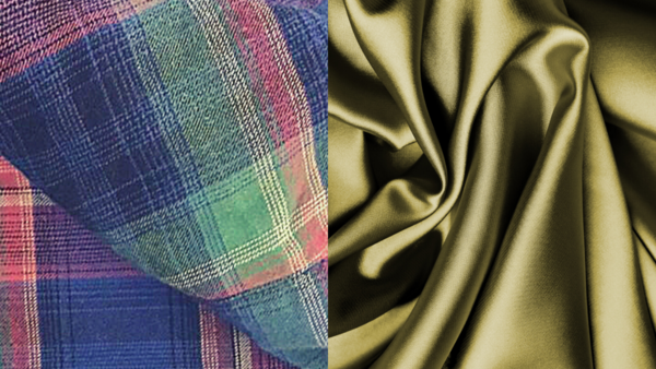 Image shows close-up of flannel fabric on the left and a close-up of green silk on the right.