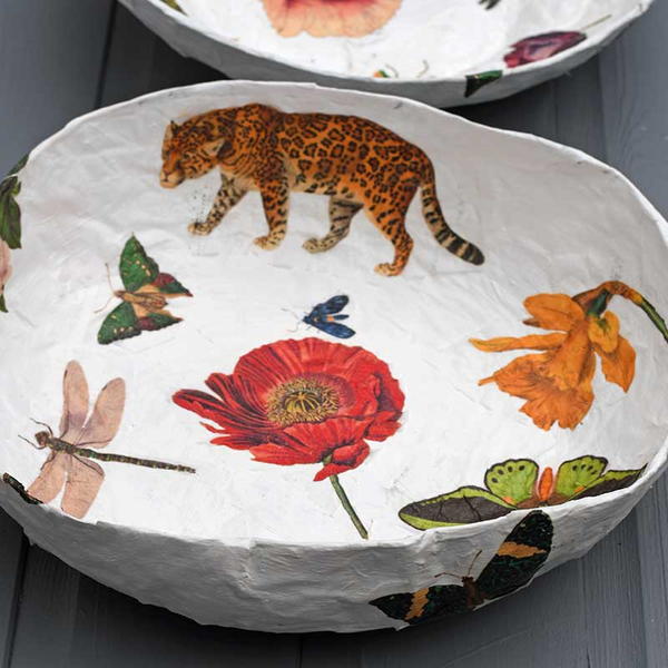 Large Paper Mache Vintage Decoupage Bowl Large Paper Mache Vintage Decoupage Bowl